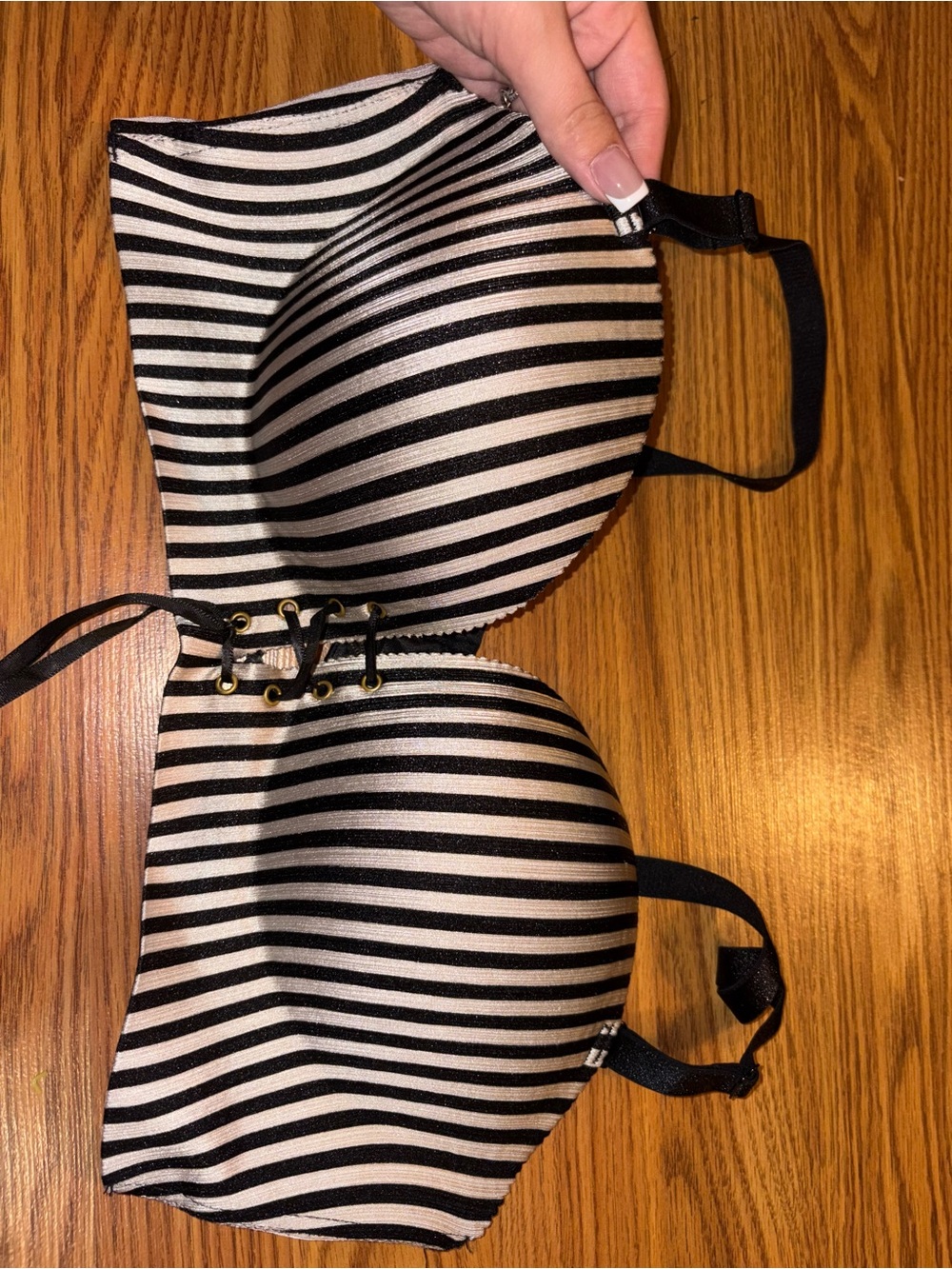 Striped Black & White Lace-Up Push-Up Bra